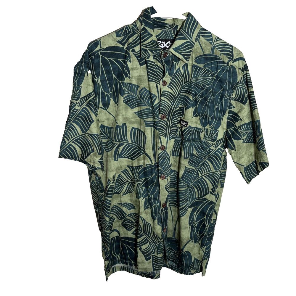 Rix Shirt Men's Medium Green Button Up Floral Short Sleeve Hawaii Cotton Resort